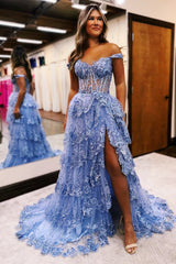 Maryann Dressystars  Periwinkle Tulle Material Delicate Appliques Off-the-shoulder Ruffle Long Prom Dress