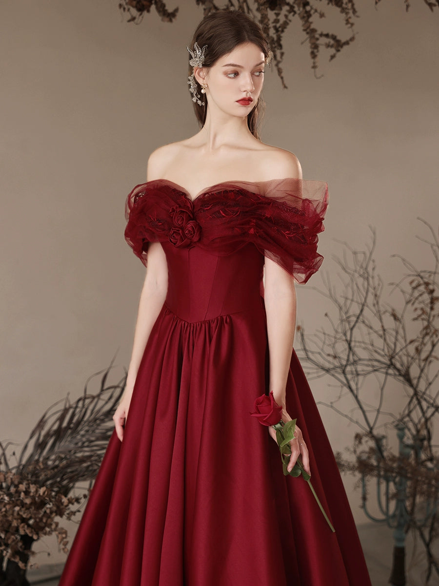 A-Line Off-Shoulder Satin Burgundy Long Prom Dress Burgundy Long Formal Dress