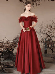 A-Line Off-Shoulder Satin Burgundy Long Prom Dress Burgundy Long Formal Dress