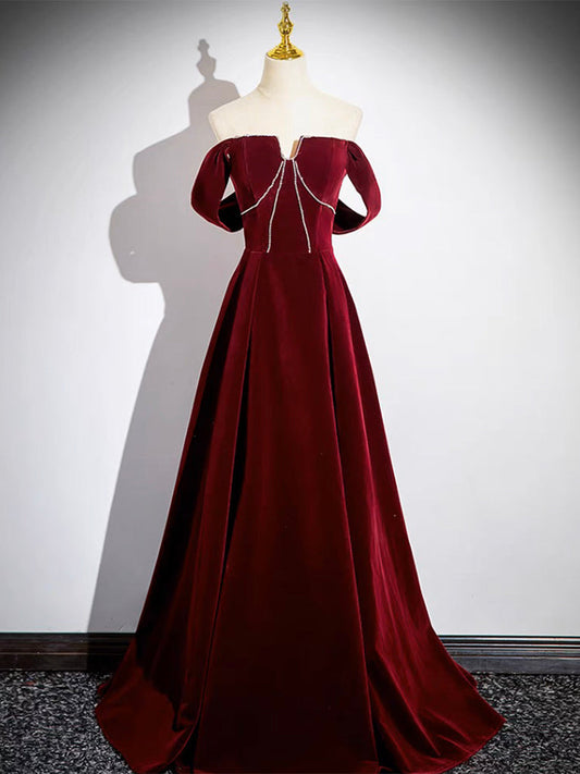 A-Line Velvet Burgundy Long Prom Dress Burgundy Long Formal Dress