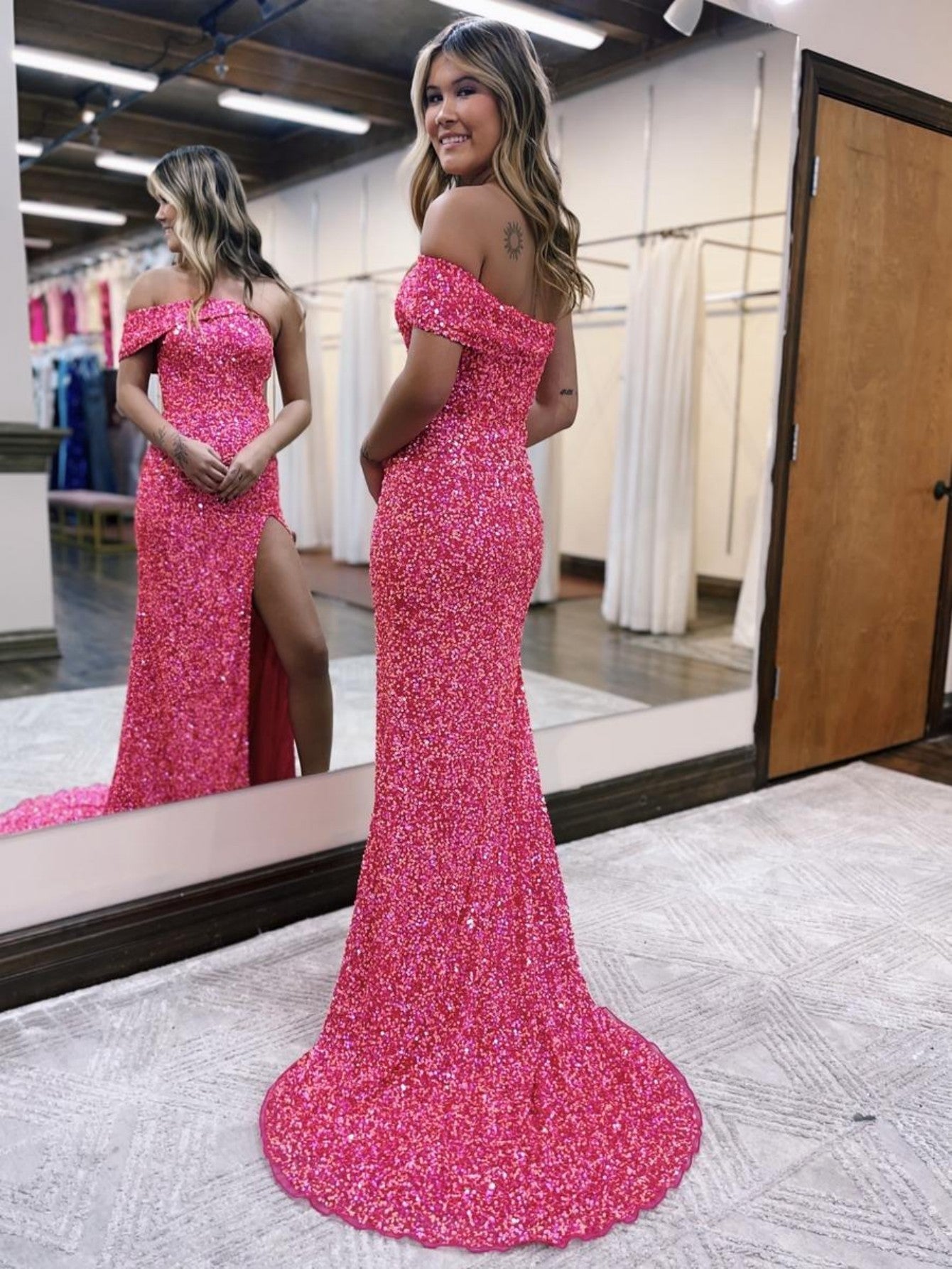 Glitter Mermaid One Shoulder Girly Pink Long Elegant Prom Dress With Split Design