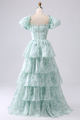 Light Blue A Line Long Tiered Corset Prom Dress