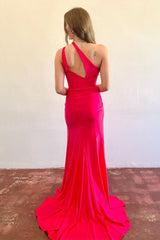 Patrice Dressystars  Simple Mermaid Red Satin One Shoulder Long Elegant Prom Dress with Split Design