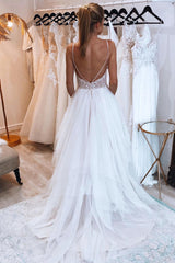 Stylish Ivory A-Line Backless Asymmetrical Tulle Long Wedding Dress with Lace