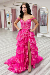 Sparkly Black Pink Tiered A-Line Long Prom Dress with Lace