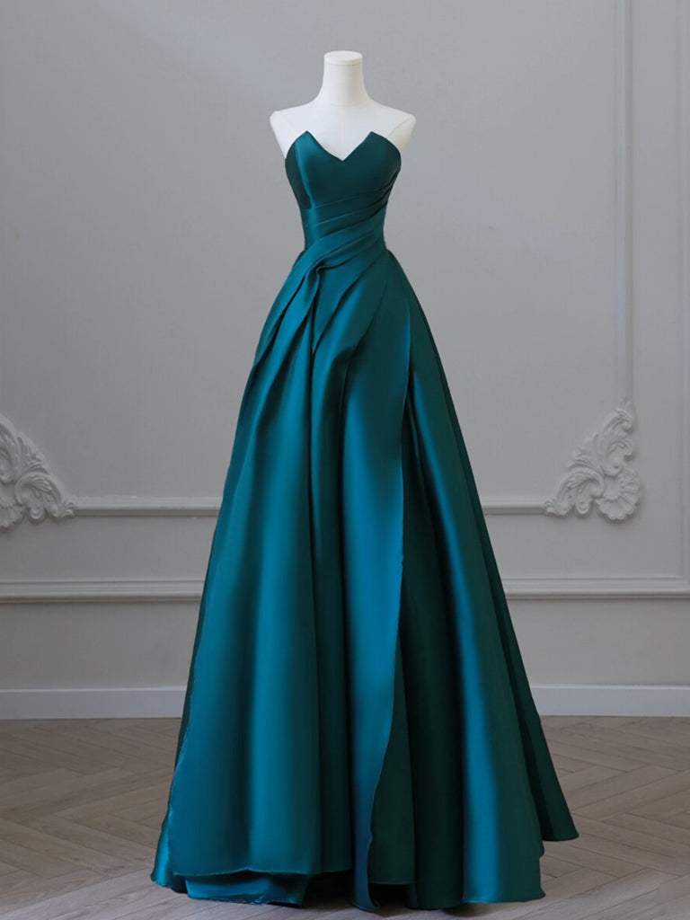 A-Line Satin Green Long Prom Dress Green Satin Long Formal Dress