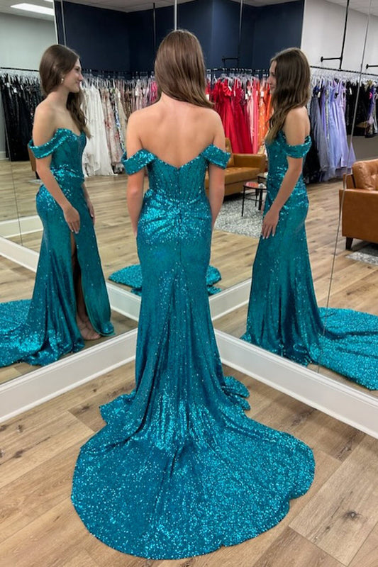 Sparkly Turquiose Corset Long Sequins Prom Dress with Slit