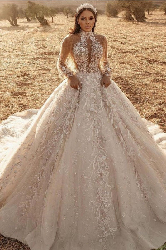 High Neck Long Sleeve A-Line Wedding Dress with Lace Appliques and Tulle Train