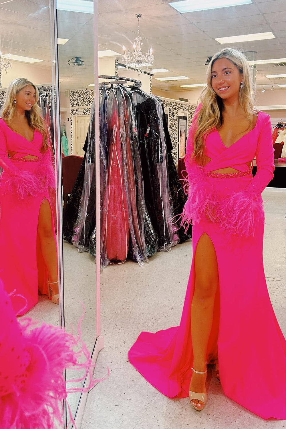 Sparkly Hot Pink Cut Out V-Neck Long Beaded Sheath Feathered Prom Dress with Slit