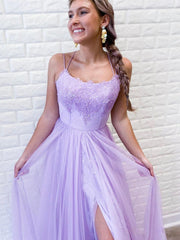 A Line Purple Backless Tulle Material Long Prom Dress