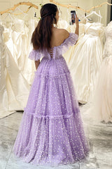 Lilac Tulle A Line Off the Shoulder Long Corset Prom Dress