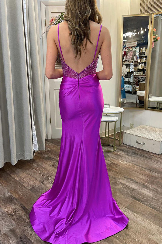 Olive Dressystars  Purple Chic Sweetheart Collar Satin Mermaid Long Prom Dresses with Split Design