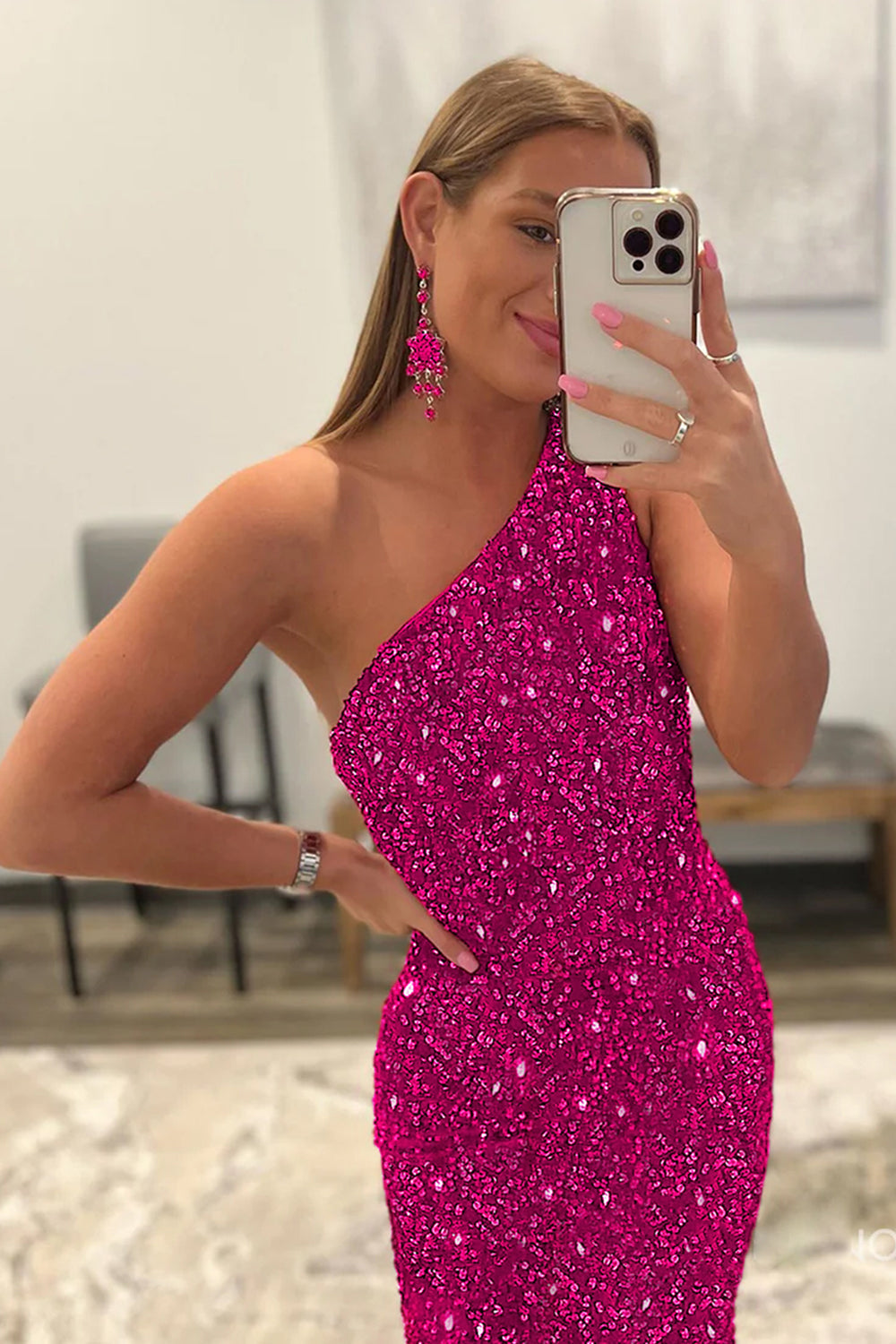 Sparkly Hot Pink Mermaid Sequins Long Prom Dress