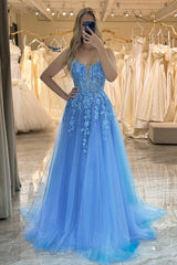 Blue A Line Tulle Long Prom Dress With Appliques