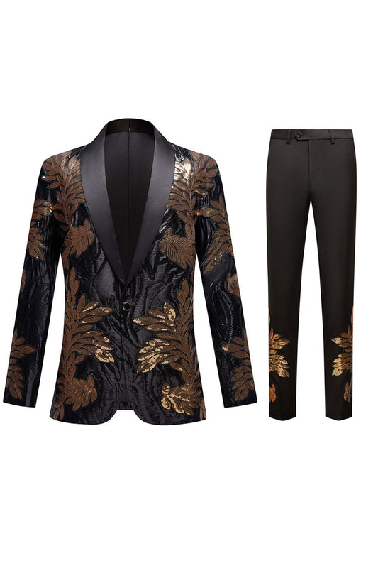 Unique Black and Gold Jacquard Sequins Men's Prom Blazer