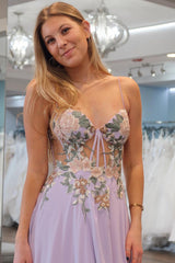 Lilac Chic Sweetheart Collar Chiffon Long Prom Dresses with Delicate Appliques