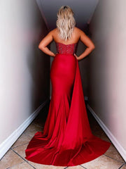 Dressystars  Red Strapless Satin Long Elegant Prom Dress with Split Design