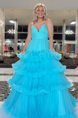 Blue A-Line Tiered Long Tulle Prom Dress with Ruffles