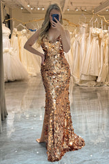 Sparkly Rose Golden Beaded Sequins Mermaid Long Prom Dress With Slit