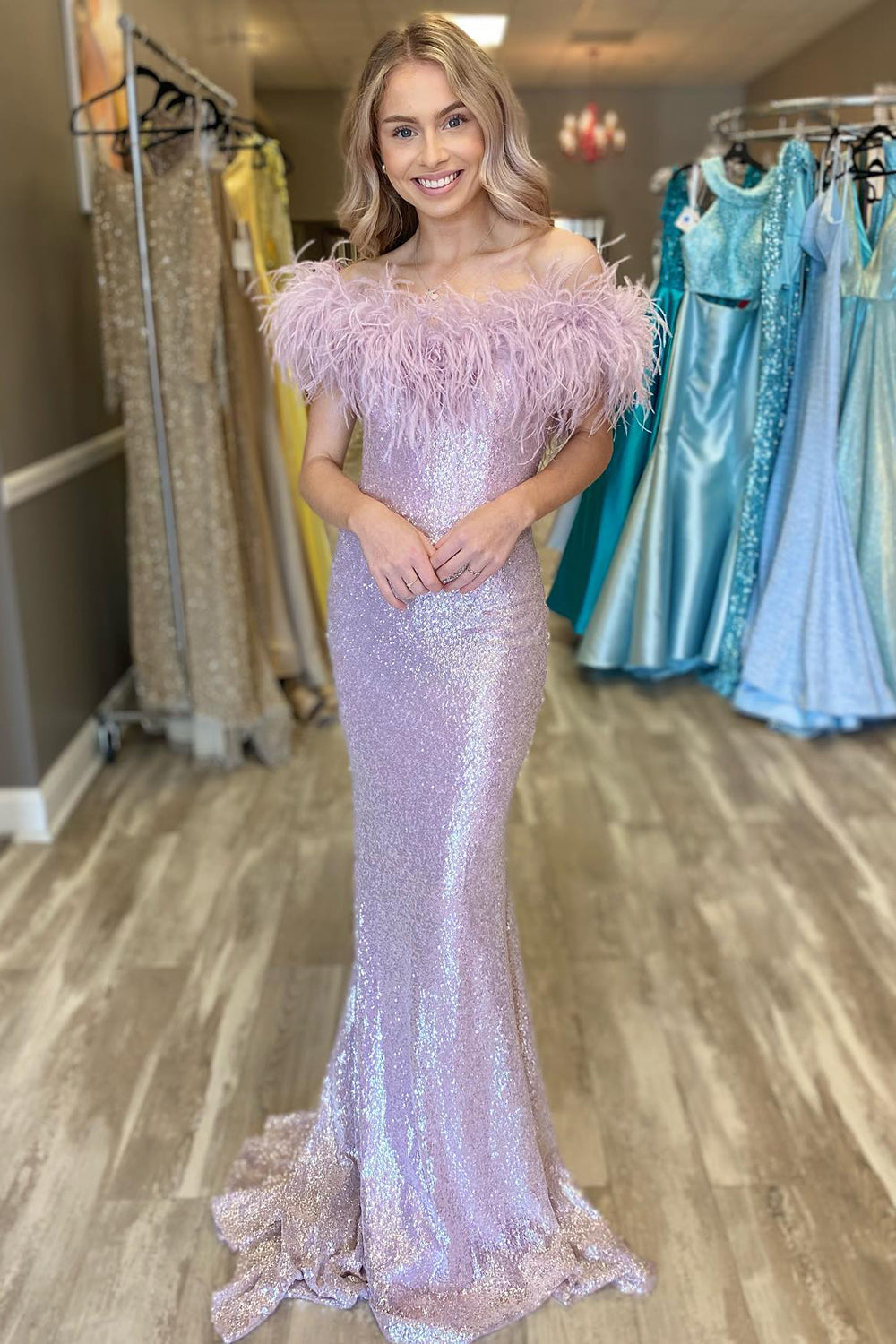 Sparkly Sky Blue Sequin Mermaid Prom Dress with Feather