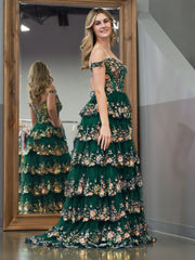 Dressystars Chic Green Crystal Sequin Material  Princess A Line Off the Shoulder Elegant Prom Dress with Lace Ruffles