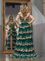 Dressystars Chic Green Crystal Sequin Material  Princess A Line Off the Shoulder Elegant Prom Dress with Lace Ruffles