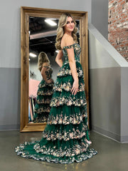 Dressystars Chic Green Crystal Sequin Material  Princess A Line Off the Shoulder Elegant Prom Dress with Lace Ruffles