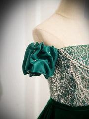 A-Line Velvet Sequin Beaded Green Long Prom Dress Green Velvet Long Formal Dress