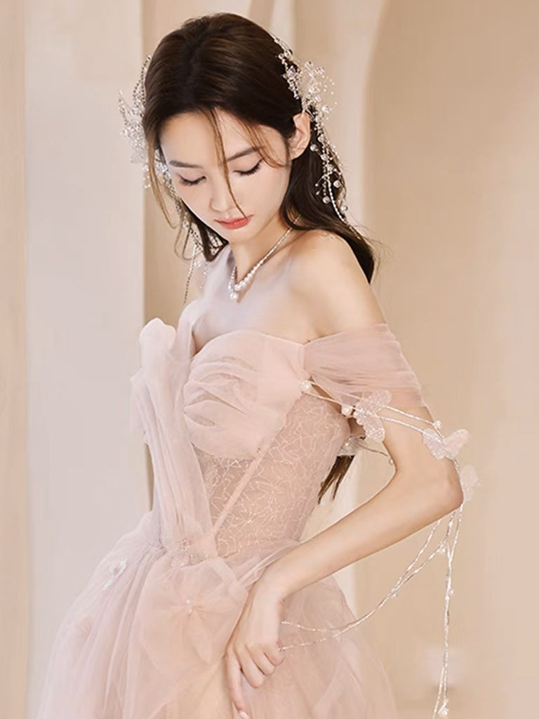 Champagne Pink A-Line Tulle Sequin Long Prom Dress Champagne Pink Formal Dress