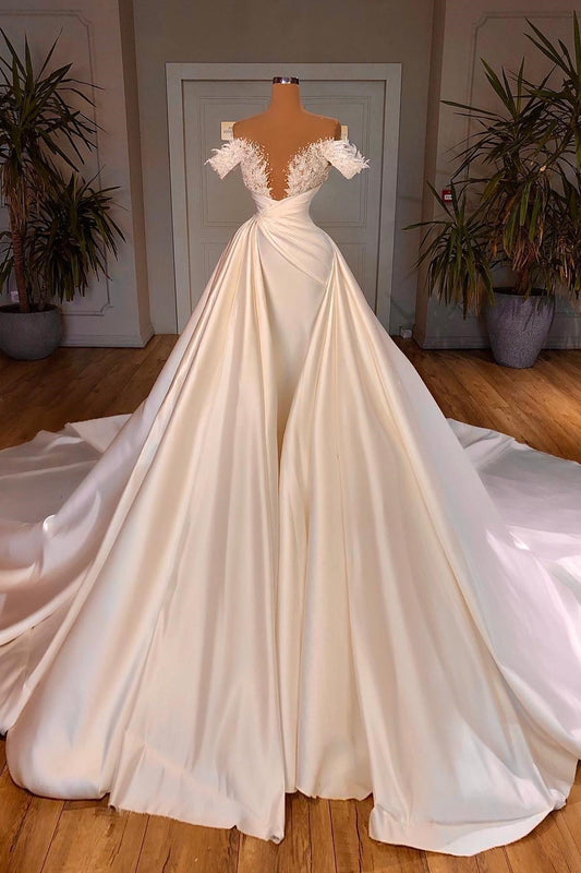 Ivory Wedding Dress A Line Off The Shoulder Beaded Bridal Dress with Panel Train