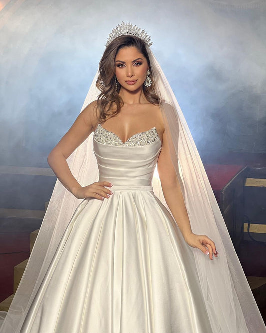 Ivory Satin Wedding Dress Ball Gown Beaded Sweetheart Bridal Dress