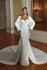 White Wedding Dress Mermaid Sweetheart Beaded Bridal Gown with Panel Train