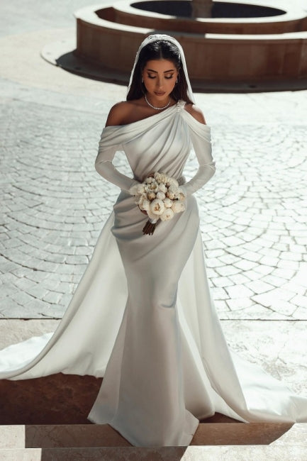 Ivory Wedding Dress Mermaid One Shoulder Long Sleeves Mermaid Bridal Dress with Panel Train