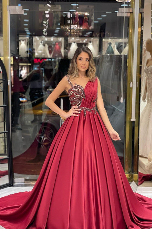 Burgundy Wedding Dress Satin Ball Gown Bridal Dress with Sweep Train