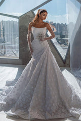 Strapless Wedding Dress Sequins Trumpet Bridal Dress with Long Sleeves