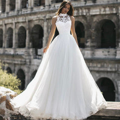 Classic High Neck Sleeveless Appliques A Line Floor Length Wedding Dress