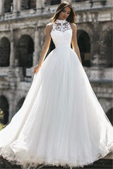 Classic High Neck Sleeveless Appliques A Line Floor Length Wedding Dress