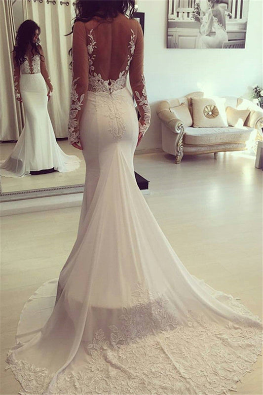 Ivory Wedding Dress Mermaid Long Sleeves Bridal Dress with Appliques