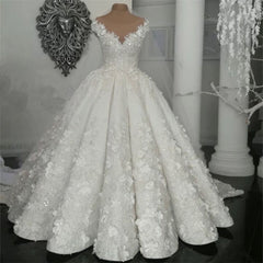 Ivory Wedding Dress Crew Neck Ball Gown Bridal Dress with Court Train