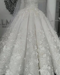 Ivory Wedding Dress Crew Neck Ball Gown Bridal Dress with Court Train