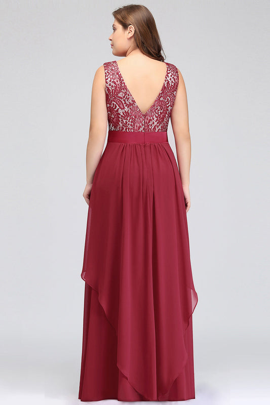 Burgundy Lace Chiffon Bridesmaid Dress Crew Neck Mother of the Bride Dress