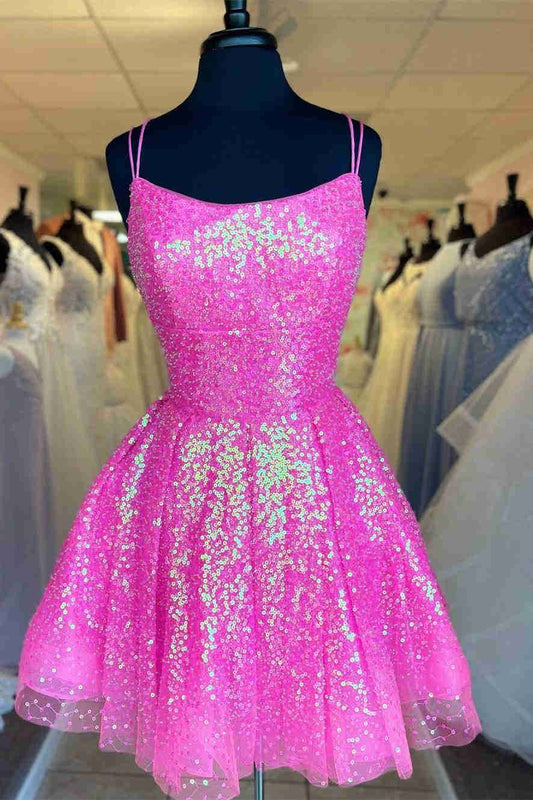 hot girly pink sequin styles a line homecoming dress