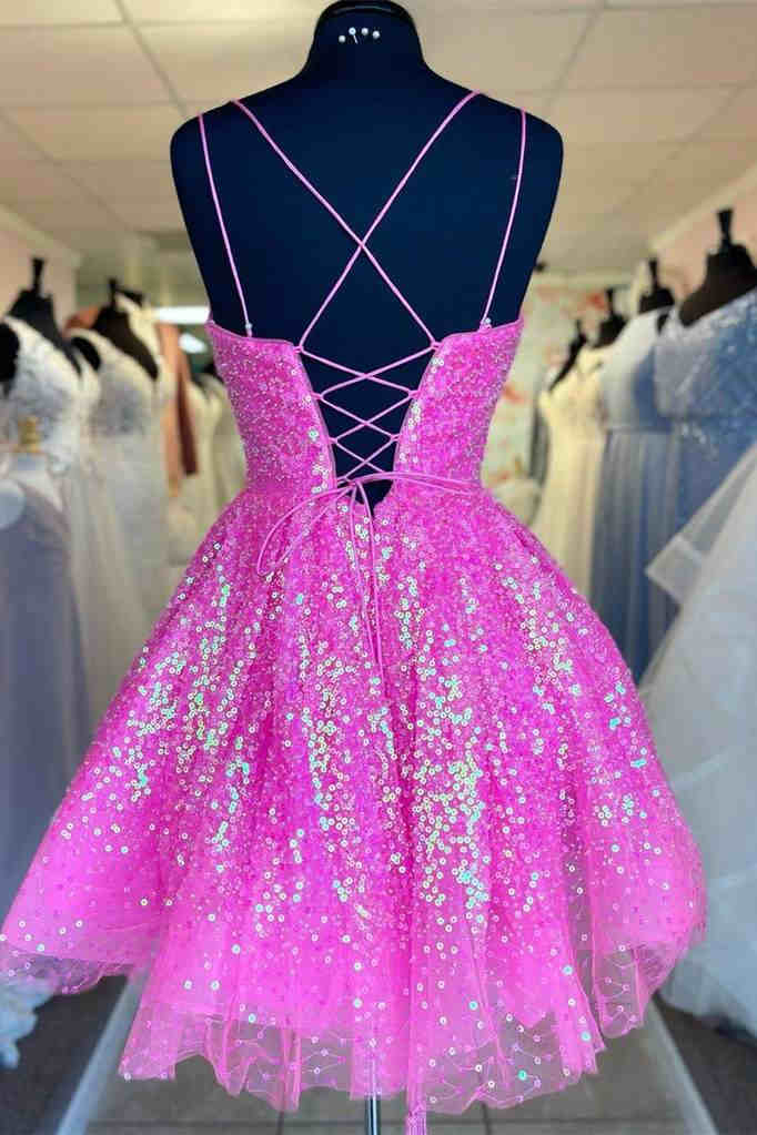 hot girly pink sequin styles a line homecoming dress