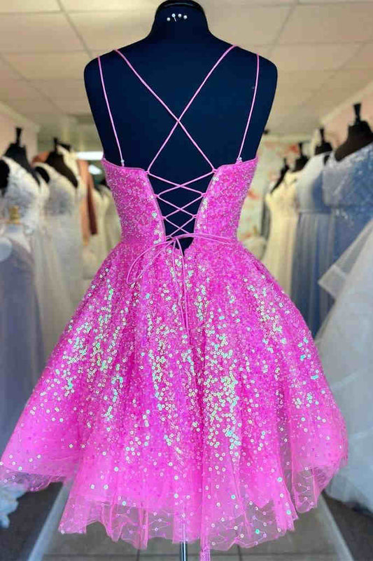 hot girly pink sequin styles a line homecoming dress