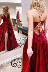 Simple A Line Spaghetti Straps Hot Pink Long Prom Dress with Slit