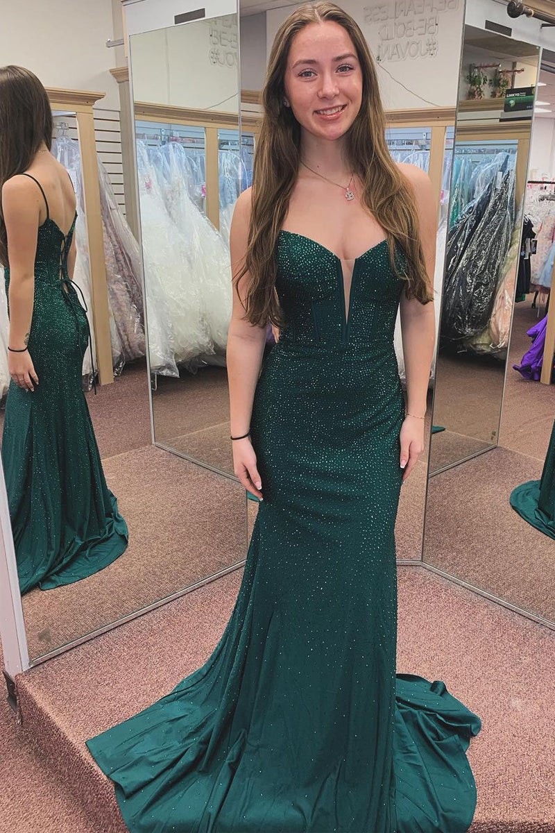 Dark Green Spaghetti Straps Delicate Beaded  Mermaid Long Prom Dresses