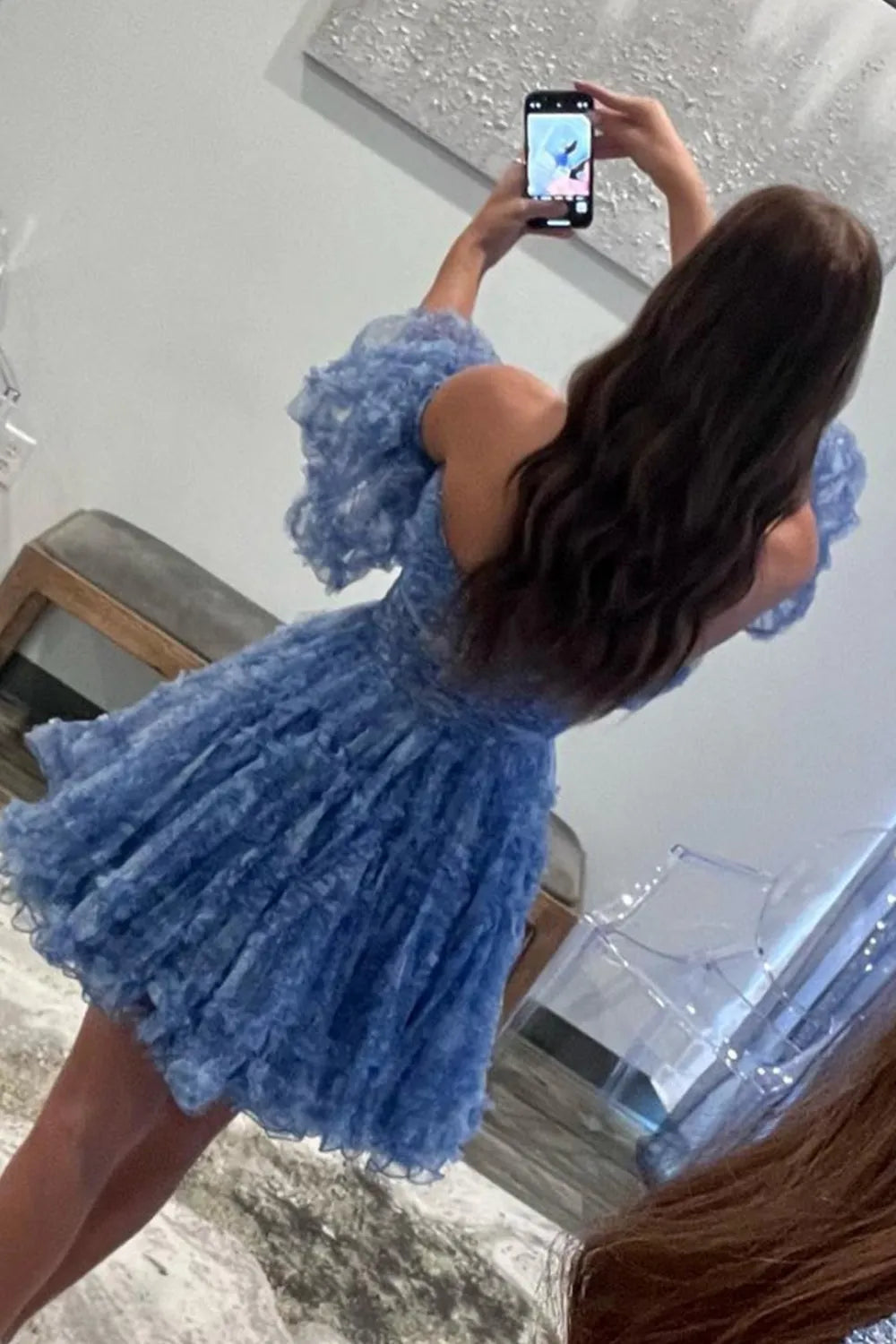 blue cute puff sleeves ruffle edge a line prints homecoming dress