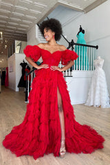 Red Off the Shoulder Tiered Ruffled Long Prom Dress with Slit