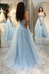 Light Blue A Line Long Corset Prom Dress With Appliques