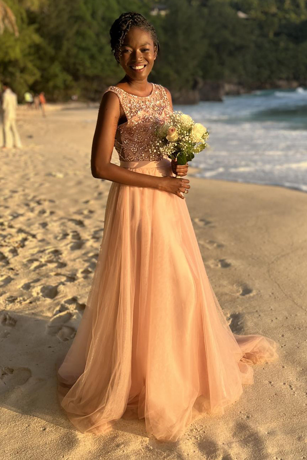 Sparkly Beaded Long Tulle Bridesmaid Prom Dress